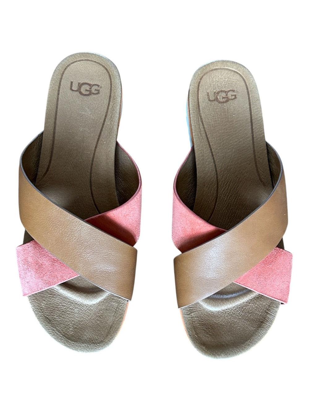 UGG Kari Tan and Coral Pink Crisscross Slide Leather Sandals